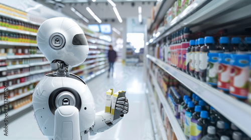 An automated retail store with AI managing inventory, assisting customers, and handling transactions