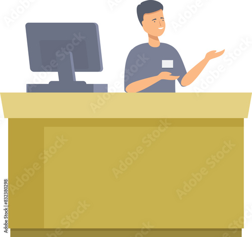 Welcoming male receptionist gestures while standing at a hotel checkin counter with a computer
