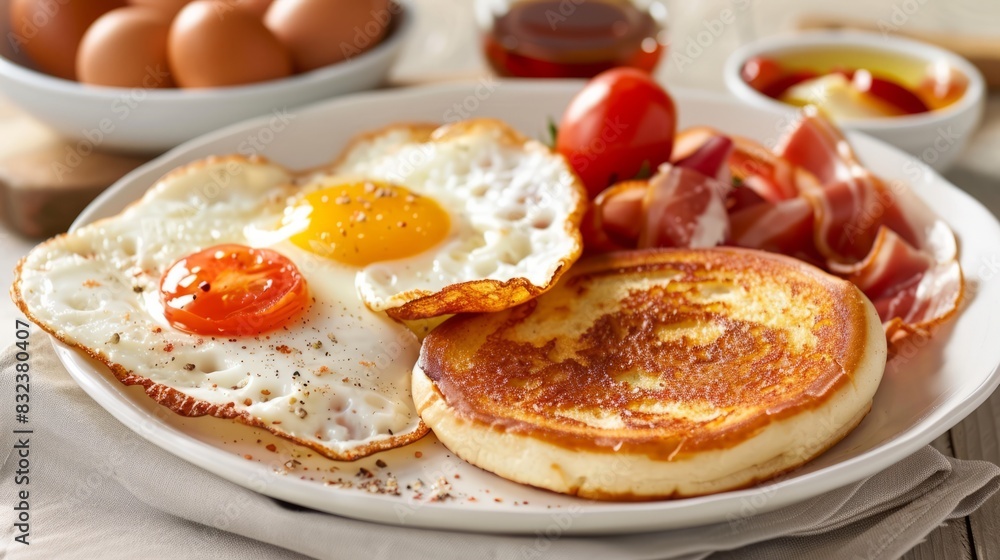 High angle view of an American breakfast made with fried eggs, toasted bread, bacon, pancakes, orange juice, coffee, and oranges.