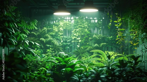 Gardening indoors with hydroponic technology, lush green plants and soft artificial lighting