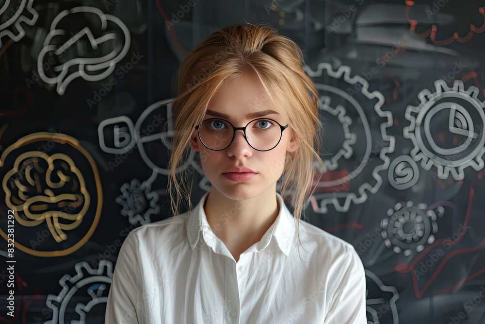a image of a woman with glasses standing in front of a chalkboard a image of a woman with glasses standing in front of a chalkboard