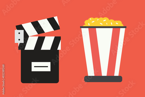 Popcorn and Film clapper board vector icon 