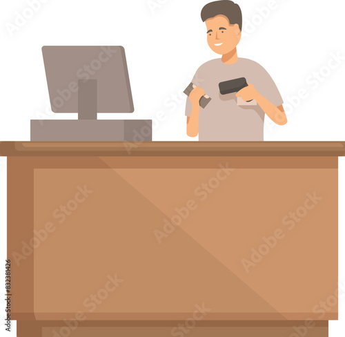 Illustration of a smiling male cashier operating a barcode scanner at a retail checkout