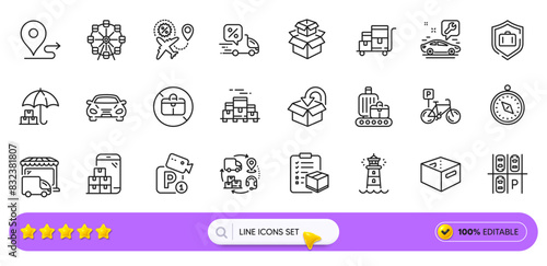 Travel compass, Parking place and Car line icons for web app. Pack of No handbag, Luggage protect, Delivery discount pictogram icons. Car service, Parcel checklist, Lighthouse signs. Vector