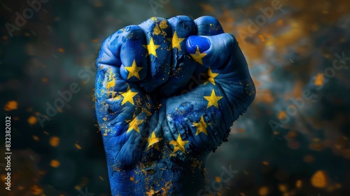 closed fist raised with the flag of the European Union in high resolution and quality photo