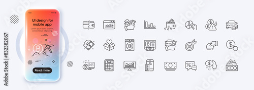Payment methods, Donation and Deflation line icons for web app. Phone mockup gradient screen. Pack of Contactless payment, Target, Statistics pictogram icons. Vector