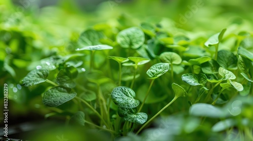 Bunch of fresh watercress with water droplets on top. The plants are fresh and healthy, and the water droplets add a sense of life and vitality to the scene
