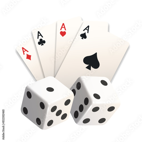 Fan of cards and two white dice. Vector illustration isolated on white background.