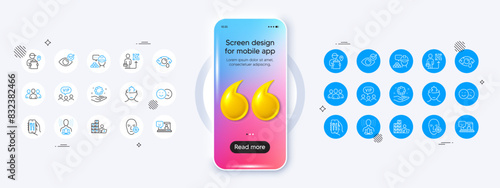Restaurant app, Group and Smile line icons. Phone mockup with 3d quotation icon. Pack of Inventory, Problem skin, Leadership icon. Mental conundrum, Delivery man, Check eye pictogram. Vector