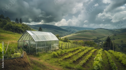 Greenhouse on lush green field farm land vegetables mountain range background cloudy day © Nick