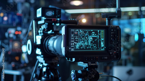 A digital video camera viewfinder focused on a digital screen to represent camera 