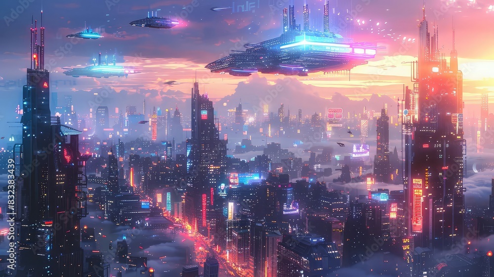 Futuristic city skyline with flying cars and holographic billboards, neon blues and purples, 3D rendering, modern and imaginative,