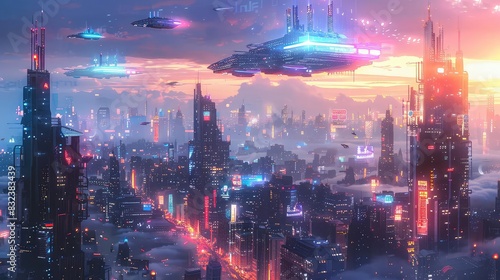 Futuristic city skyline with flying cars and holographic billboards  neon blues and purples  3D rendering  modern and imaginative 