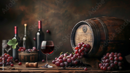 Wine elegance Red Wine beside Wooden brown Barrel with Grapes on Rustic Vintage Table on a dark background. poster for advertising homemade wine, place for the text photo