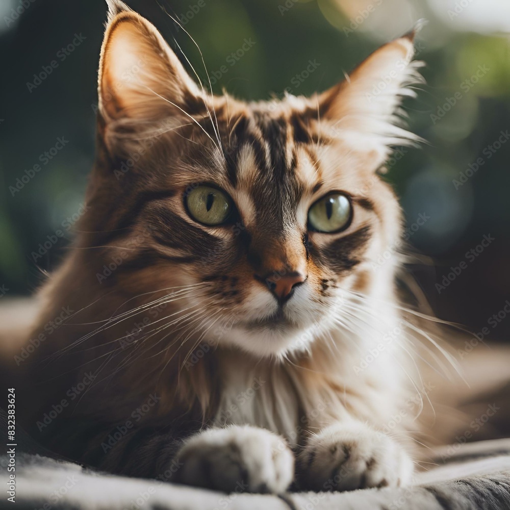 AI generated illustration of A cat with big green eyes resting on a cozy bed