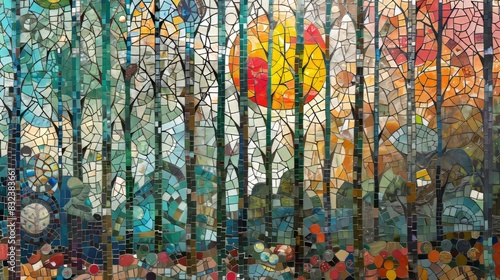 Colorful Mosaic Forest Artwork for Interior Design and Nature Inspired Projects