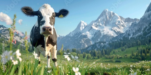A black and white cow in the foreground of a grassy meadow with mountains in the background  under a clear blue sky