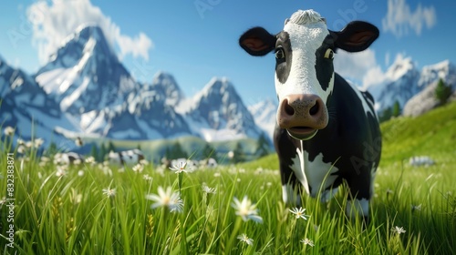 A black and white cow in the foreground of a grassy meadow with mountains in the background  under a clear blue sky