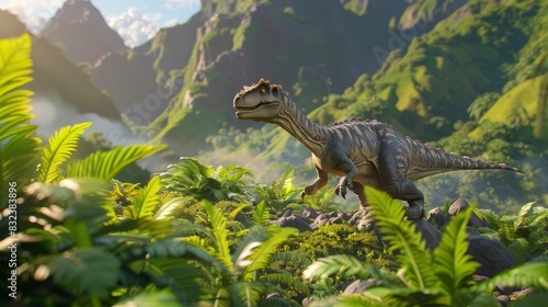 allosaurus in the jungle  mountains behind  green plants  vibrant colors