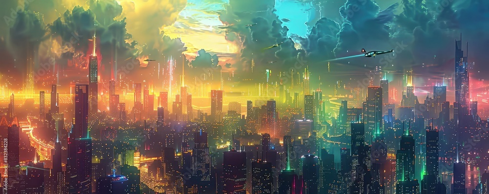 Naklejka premium Futuristic cityscape with towering buildings and flying vehicles, neon colors, digital art, dynamic and hightech,
