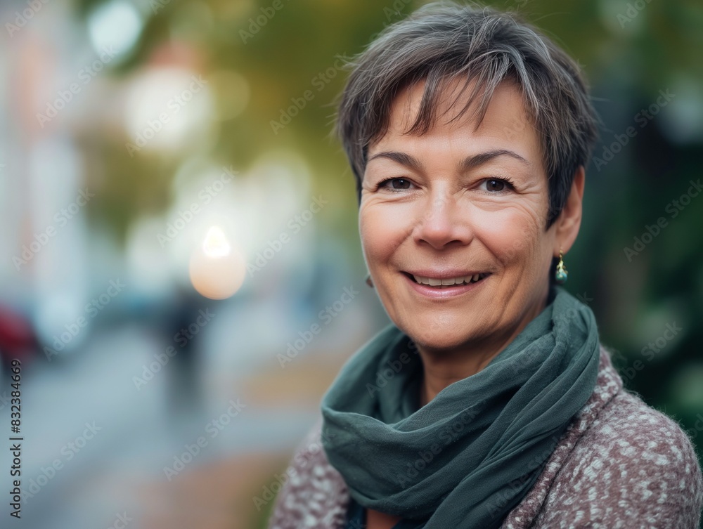 beautiful mid age smiling elderly senior woman with short hair on city background. Aged European model looking in camera beautiful mid age smiling elderly senior woman with short hair on city background. Aged European model looking in camera