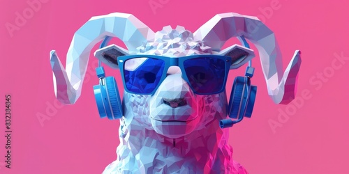 A surreal animal character with horns, wearing blue sunglasses and headphones, lowpoly design, pink background, white sculpture photo