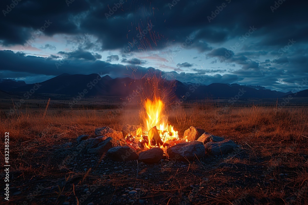 A fire is burning in a circle of rocks in a field A fire is burning in a circle of rocks in a field