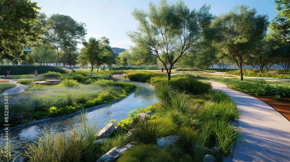An urban park with an integrated water management system, including bio-swales and permeable pavements to enhance groundwater recharge and reduce runoff. 