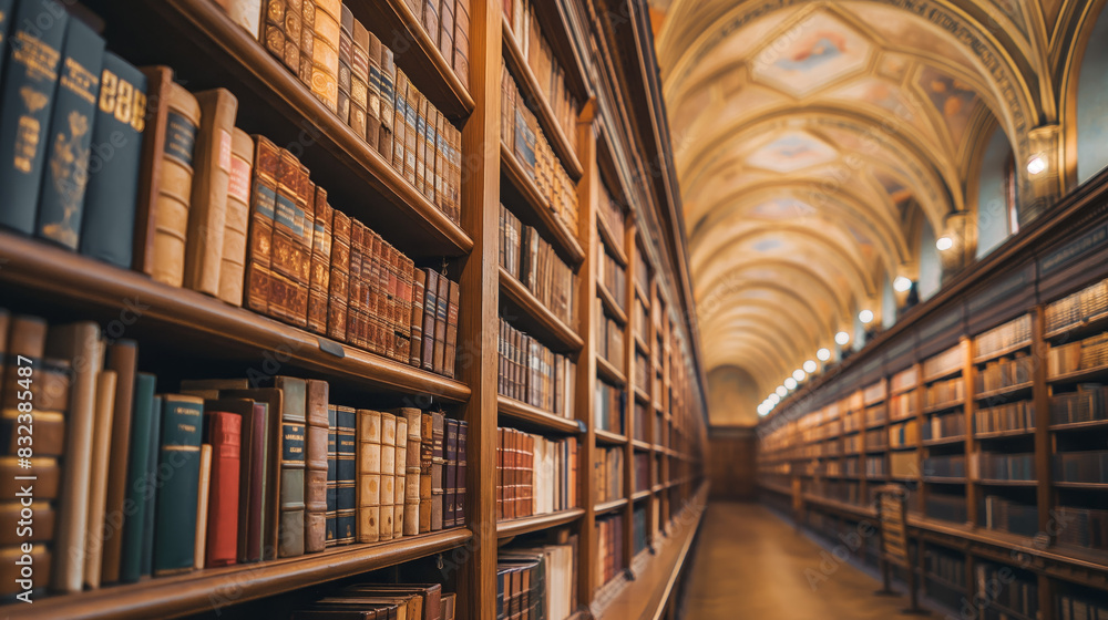 An elegant library hallway with a high ceiling features ornate architecture and a sophisticated collection of books in shelves An elegant library hallway with a high ceiling features ornate architecture and a sophisticated collection of books in shelves