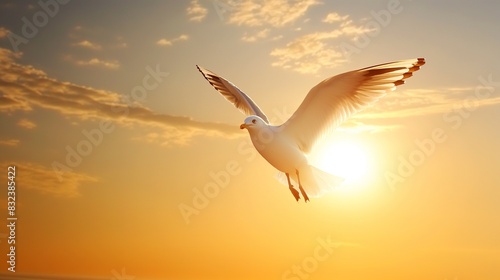 Seagull on sunset background, seagull, soaring in the sky, seagull in flight on sun background