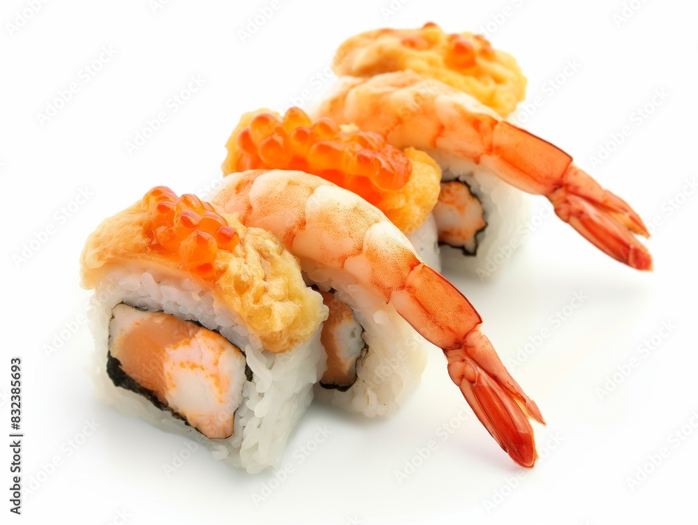 Sushi roll with salmon and shrimp tempura, sushi rolls on white background, close up. Fried Vegetables inside