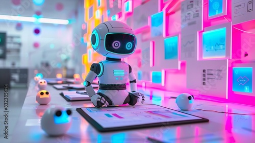 Creative AI-Powered Robot Generating Colorful Ideas in Modern Tech Office Setting