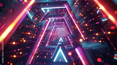 A neon lighted tunnel with a series of triangles and circles