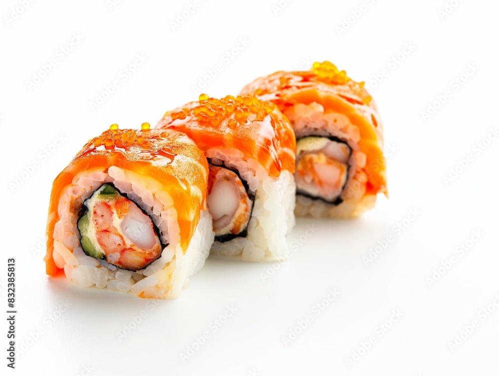 Sushi roll with salmon and shrimp tempura, sushi rolls on white background, close up. Fried Vegetables inside Sushi roll with salmon and shrimp tempura, sushi rolls on white background, close up. Fried Vegetables inside