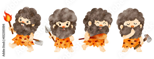 Stone age man . Cuet cartoon character . Watercolor paint design . Isolated white background . Illustration . photo