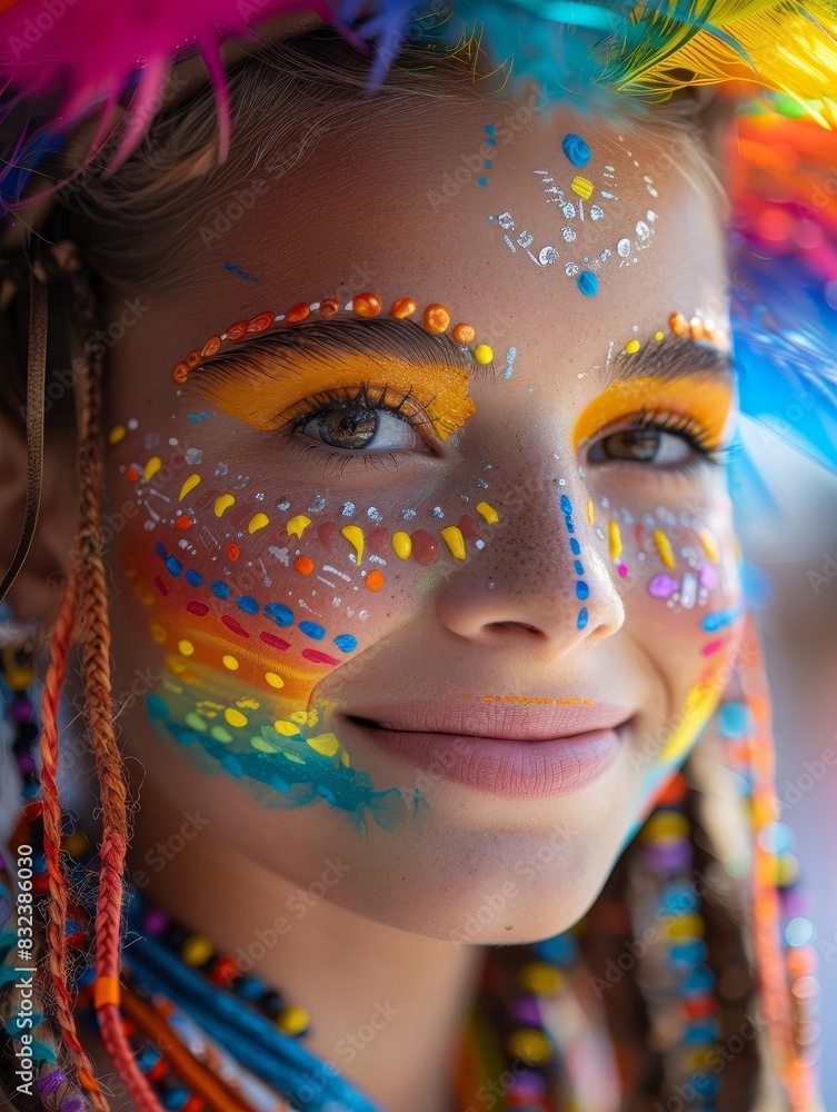 Close-up of a smiling person with vibrant, colorful face paint and feathers, creating a joyful and festive look.