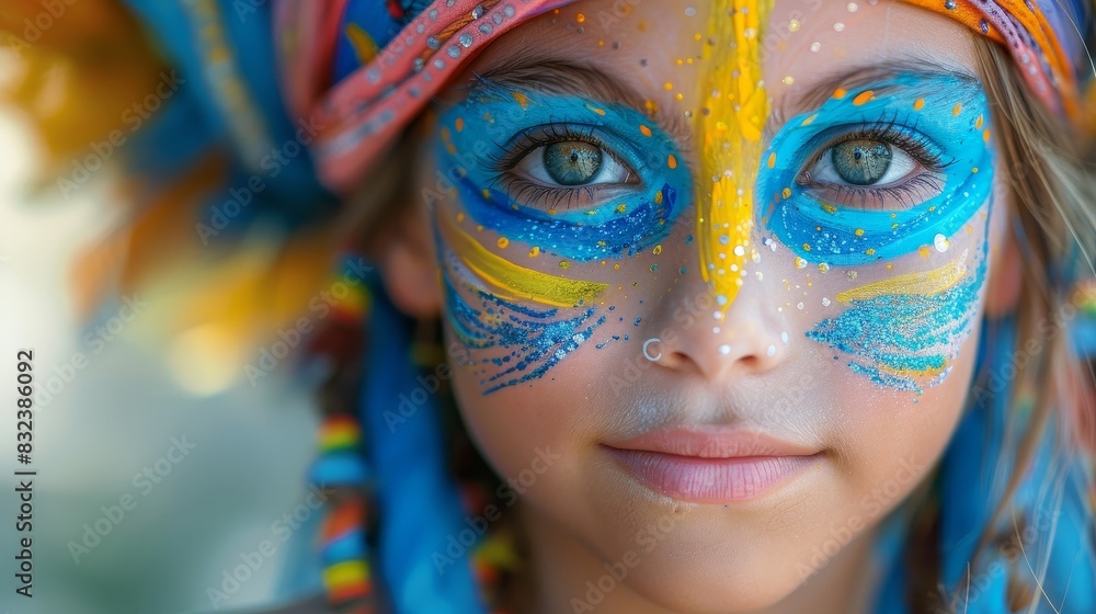 Close-up portrait of a young child with vibrant face paint and a colorful headdress, showcasing artistic expression and cultural beauty. Close-up portrait of a young child with vibrant face paint and a colorful headdress, showcasing artistic expression and cultural beauty.