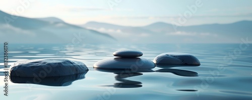 Three smooth stones balanced on the surface of a still lake with a mountainous landscape in the background.