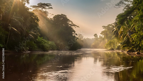 Sunrise over Amazon rainforest river. landscape wallpaper. Generative ai © designermetin