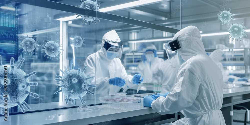 Two scientists in protective suits working in a high-tech lab with digital screens focused on studying and finding solutions for virus containment Two scientists in protective suits working in a high-tech lab with digital screens focused on studying and finding solutions for virus containment