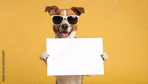 Dog with sunglasses holding blank sign with space for text, isolated on a orange background