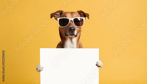 Funny dog with sunglasses holding blank sign with empty space for text, 