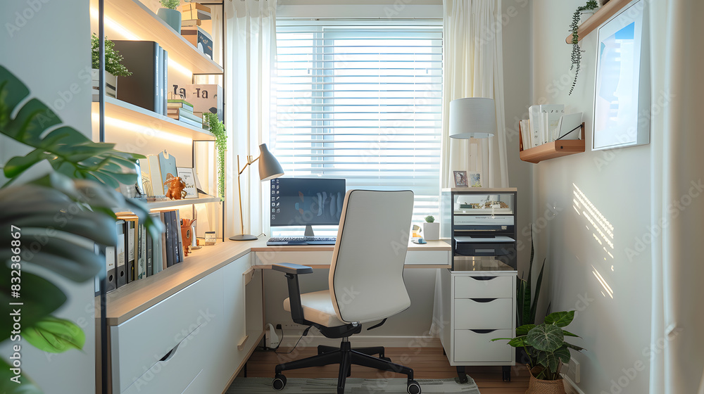A white room with a desk and chair, a potted plant, and a computer monitor A white room with a desk and chair, a potted plant, and a computer monitor