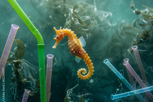Seahorse Clinging to Plastic Straws and Pollution, Illustrating Vulnerability to Human Waste Depict photo