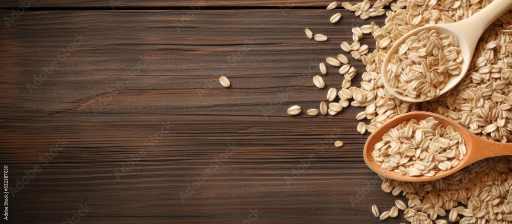 oats in spoon on wood table. copy space available oats in spoon on wood table. copy space available
