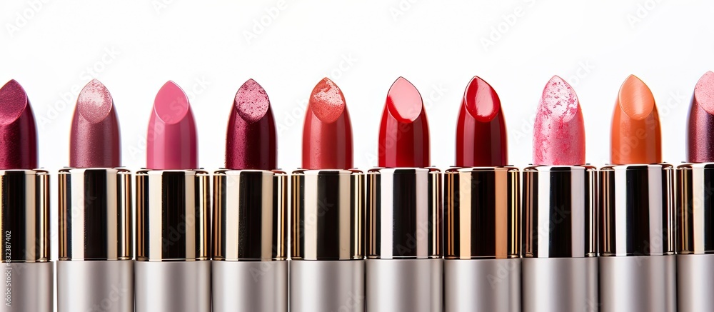 Close up shot of a row of different glossy lipsticks isolated on white background with a lot of copy space for text Close up shot of a row of different glossy lipsticks isolated on white background with a lot of copy space for text