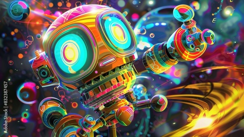 Colorful robot with psychedelic patterns for futuristic or creative designs