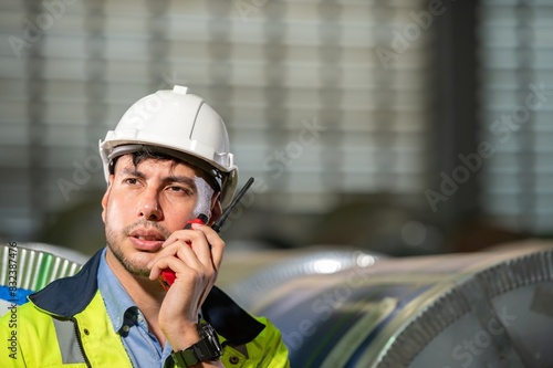 male maintenance engineer in uniform helmet safety talk by walki talkie and inspection check control heavy machine in industrial factory. technician worker use radio check for repair factory machine photo