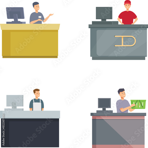 Collection of illustrations featuring various cashiers working at retail counters