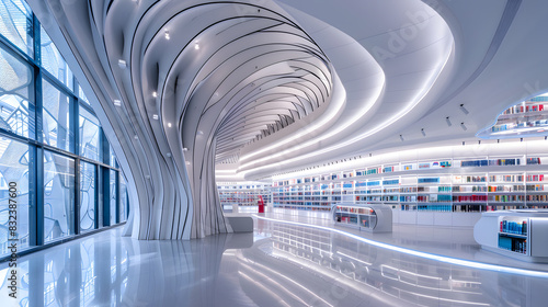 A large white building with a spiral design and a lot of books photo